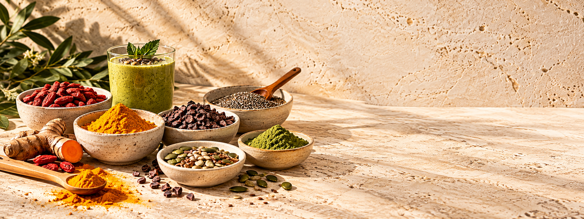 Superfood in polvere sul travertino