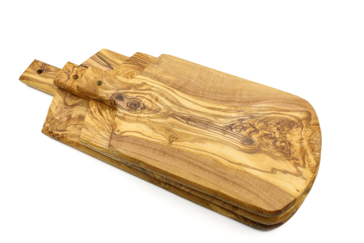 Tagliere a scudo in legno d'ulivo con manico