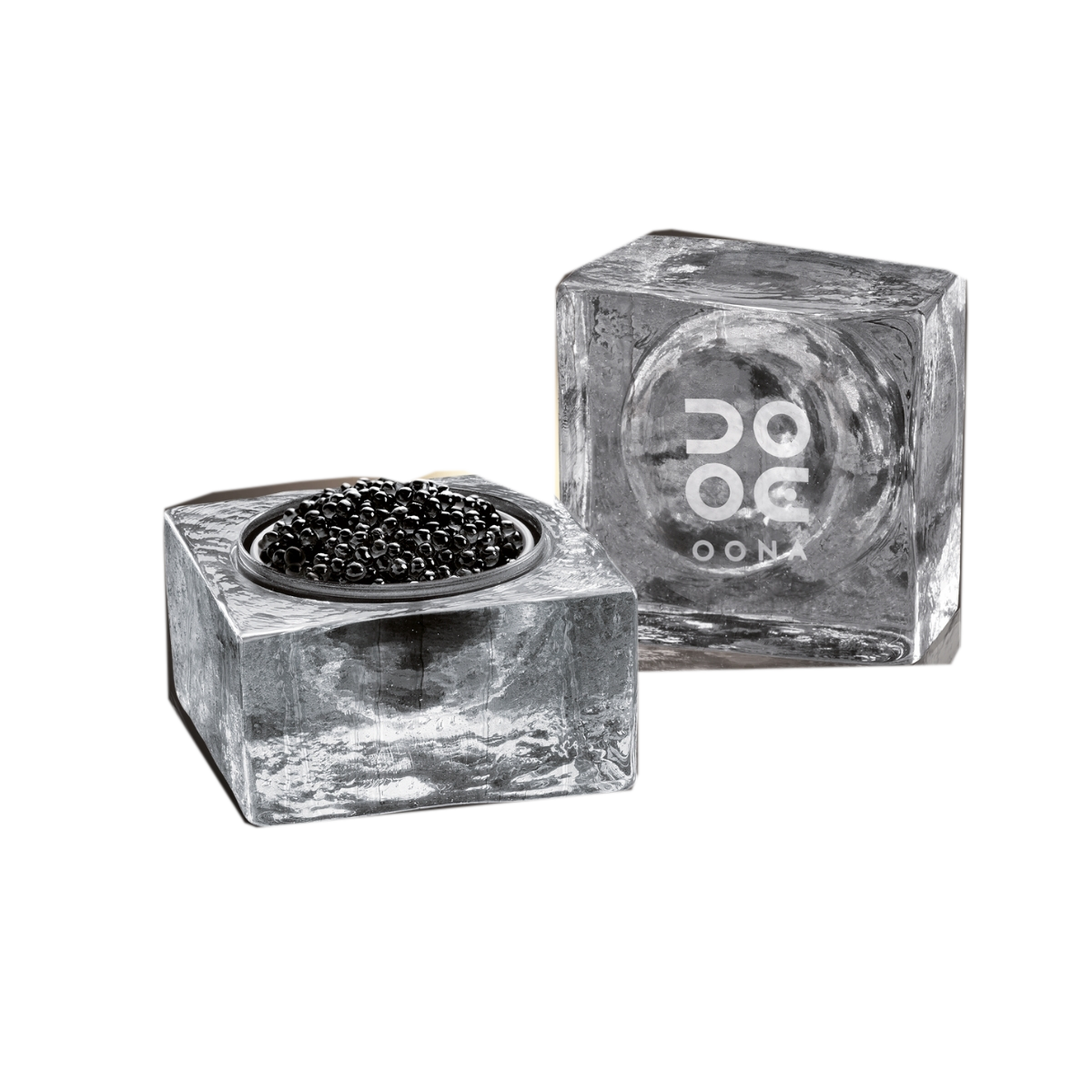 Oona Ice Cube in vetro Glasi Hergiswil con caviale, aperto e chiuso. #Confezione_Con Ice Cube