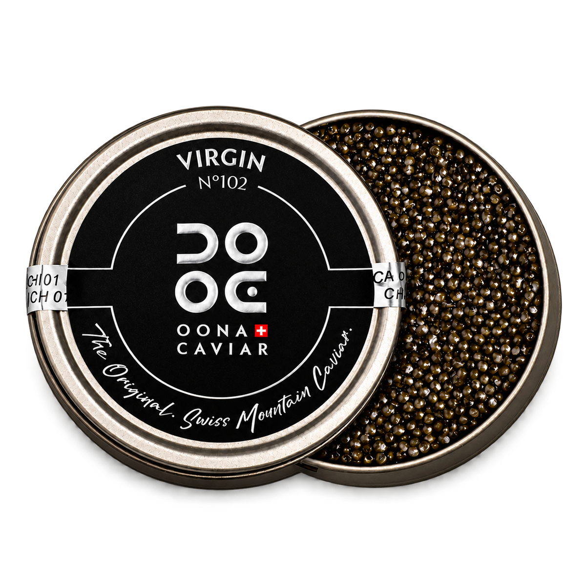 Caviale Oona N°102 Virgin – latta 125 g su fondo bianco