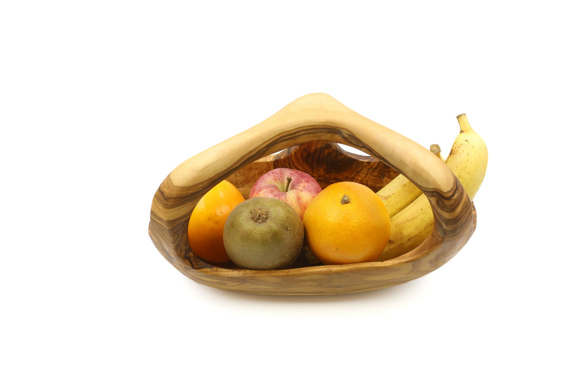 Cesto per la frutta in legno d'ulivo con manico