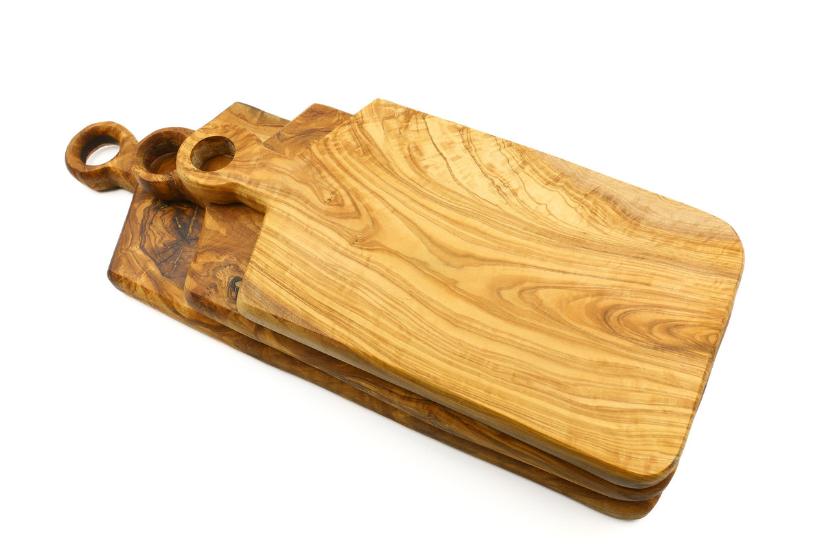 Tagliere rettangolare in legno d'ulivo con manico ad anello
