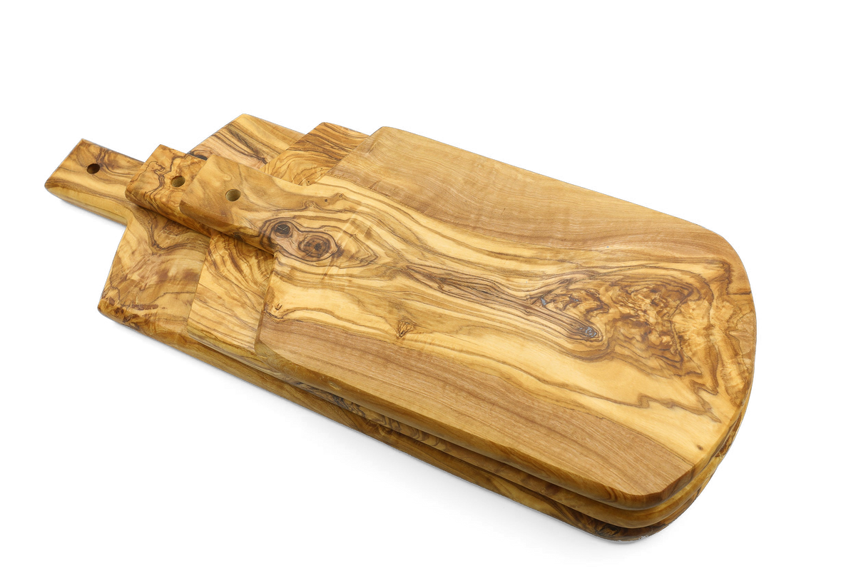 Tagliere a scudo in legno d'ulivo con manico